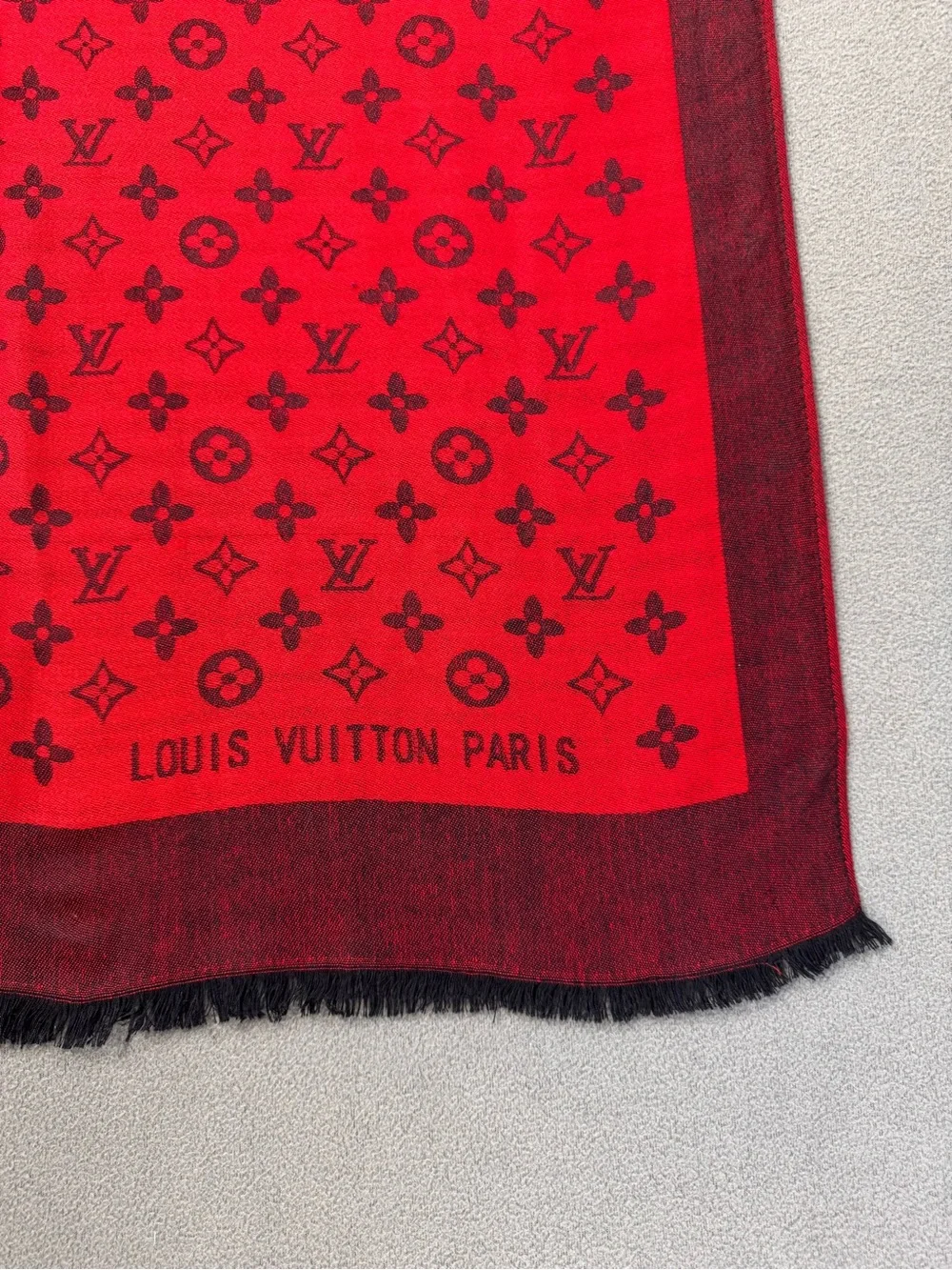Authentic Louis Vuitton Red and Black Monogram Silk Shawl Scarf, Made in Italy